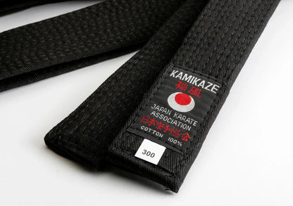 Black karate belt with Japan Karate Association Kamikaze patch, cotton, size 300