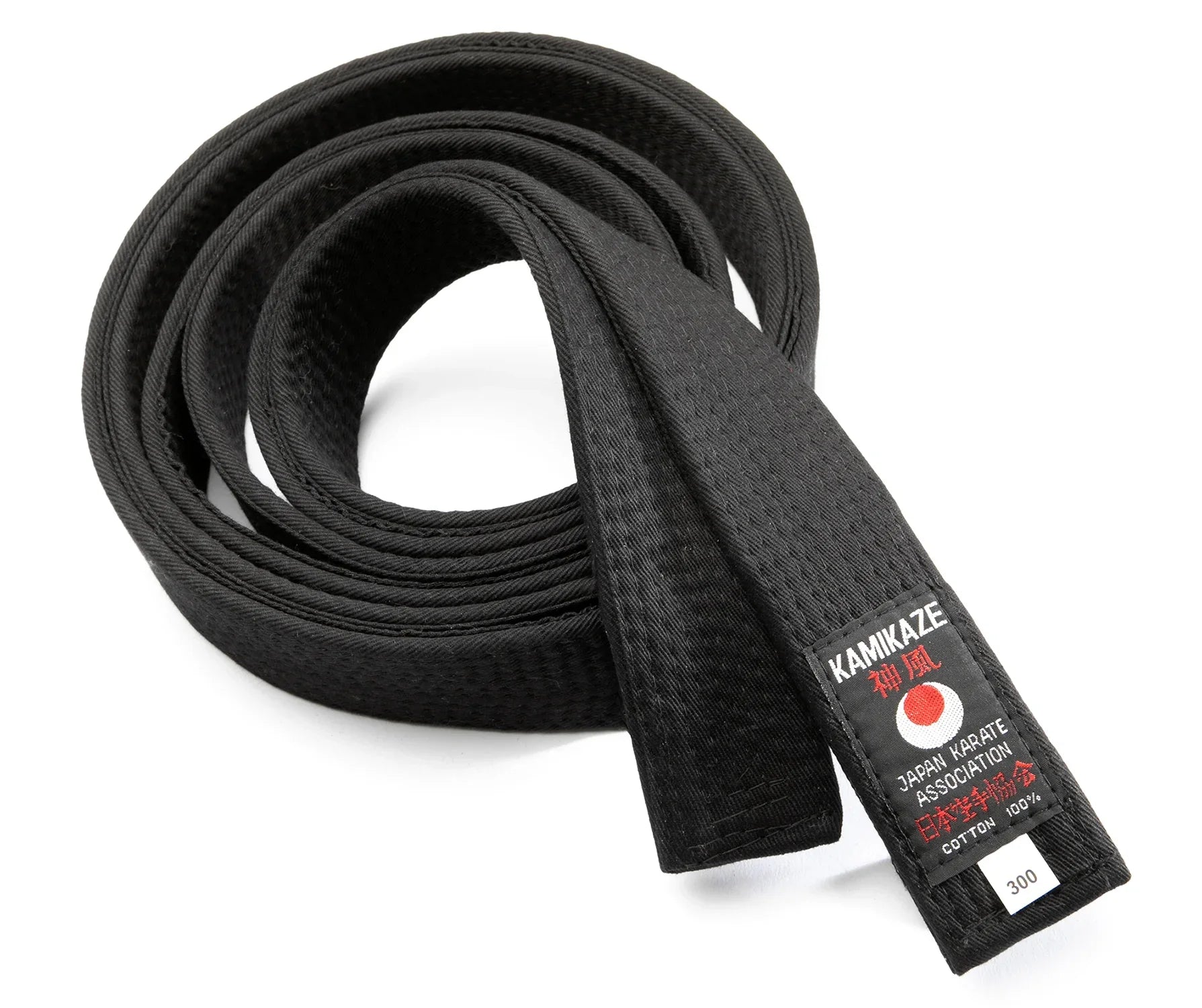 Black karate belt with Kamikaze label, suitable for traditional karate styles