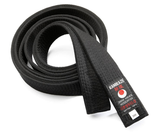 Black karate belt with Kamikaze label, suitable for traditional karate styles