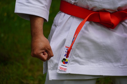Karate uniform with red belt, clenched fist, outdoor grass background