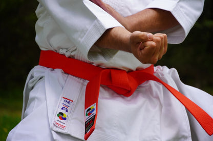 Person wearing karate gi and red belt performing traditional martial arts stance outdoors
